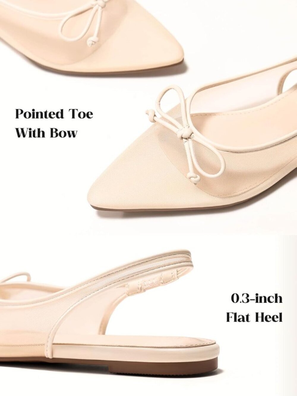 Women's Khaki Slingback Flats Bow Closed Pointed Toe Mesh Ballet Flats Low Heel - Picture 4 of 6